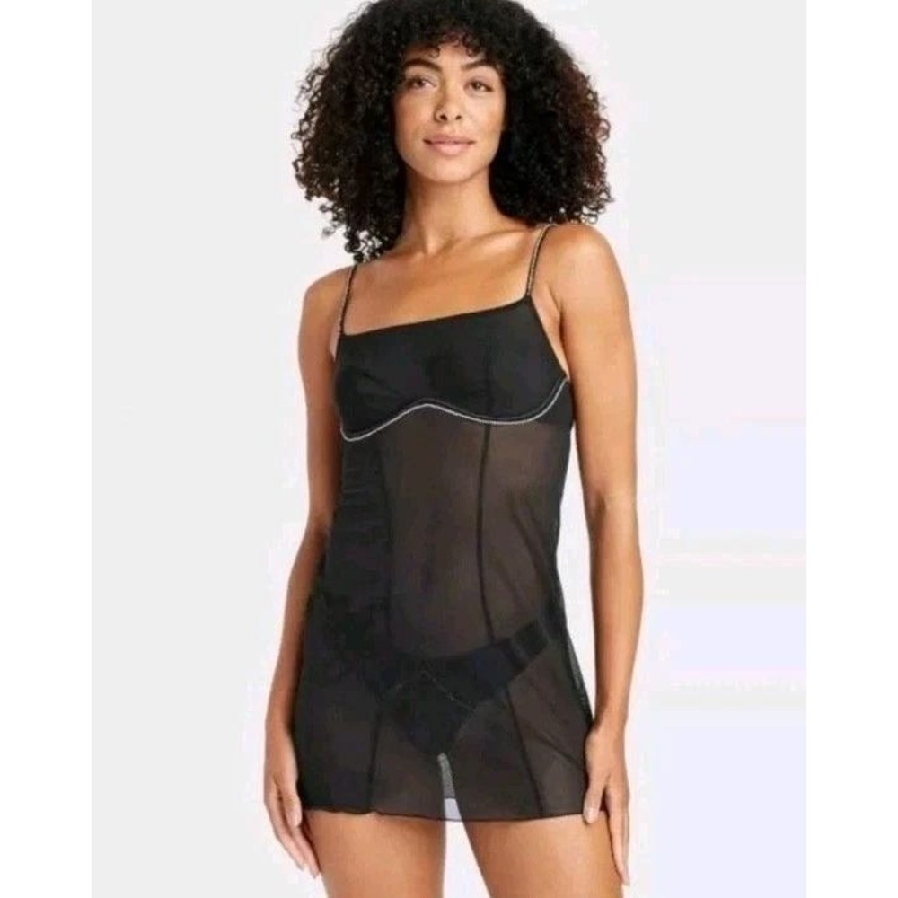NWT Auden Black Sheer Rhinestone Babydoll Chemise Slip Dress Womens XL - Picture 2 of 11